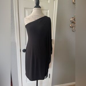 Betsy Adam Black One Shoulder With Fringe Cocktail Dress Size 8